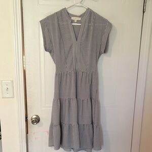 Striped V-Neck Tiered Midi Dress in Black and White